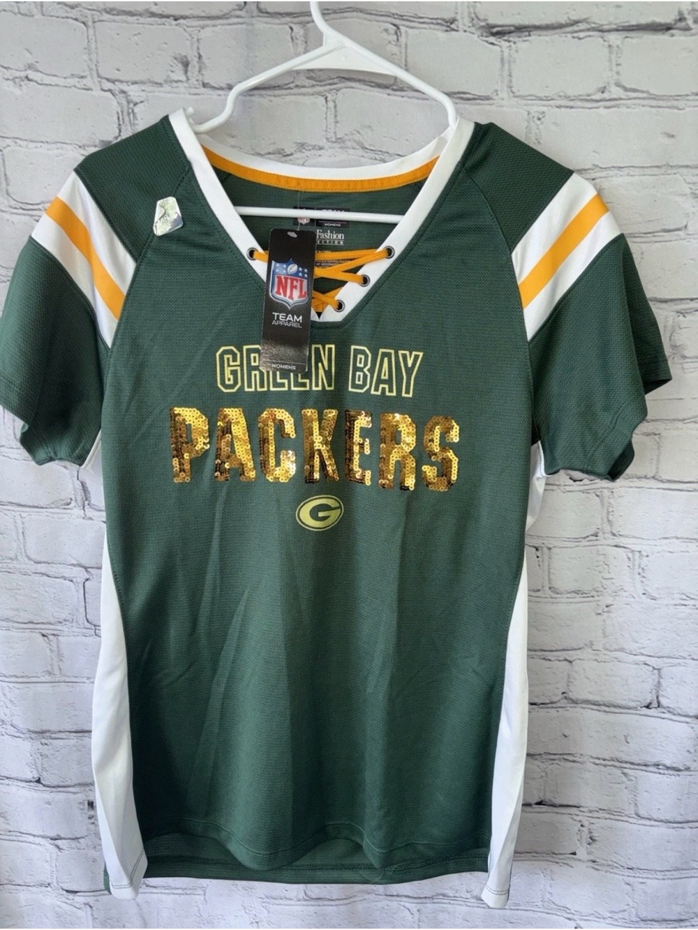 Women’s NFL Team Apparel Green Bay Packers Lace Up Gold Sequined Jersey Top Sz L
